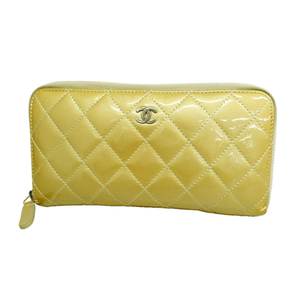 Chanel Matelassé Long Wallet, Patent Leather, Beige, Women's, P3522347